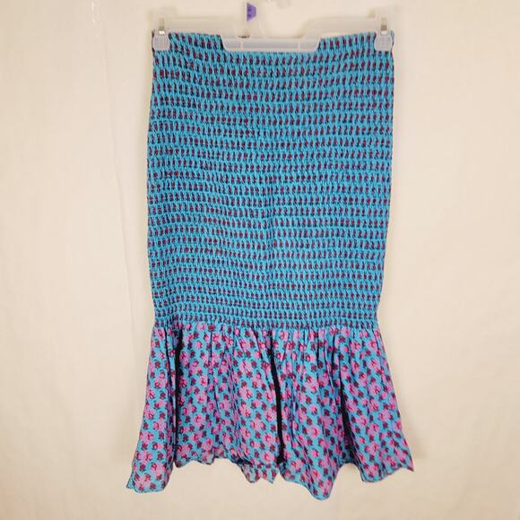 J.Crew smocked Monaco Blue Iris Size 4 midi skirt mermaid prairie boho - Picture 2 of 6